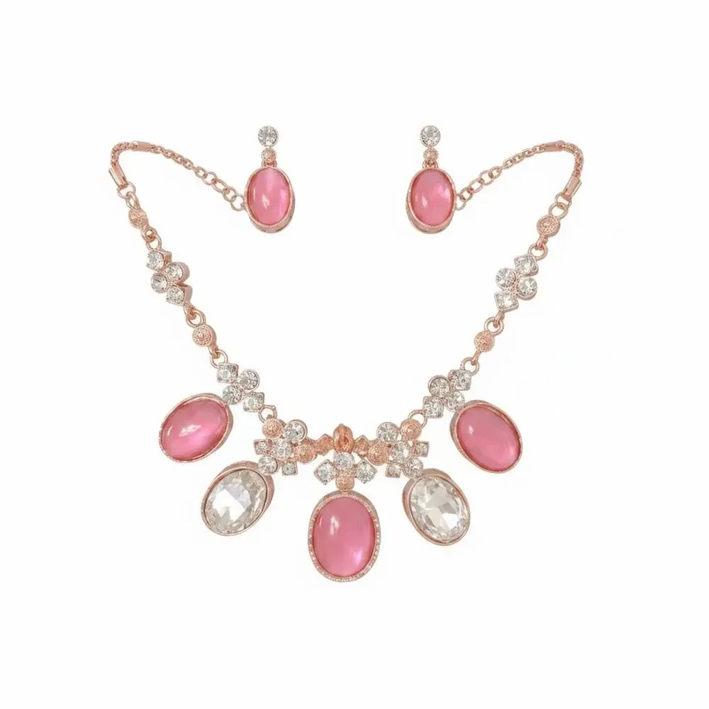 Pink Crystal Statement Necklace Set Rose Gold Tone Matching Earrings